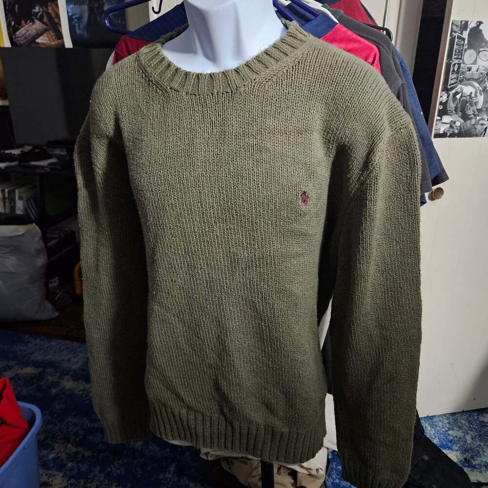 Vintage Polo Ralph Lauren Green Ribbed Crew Neck Cotton Knit Sweater XXL
